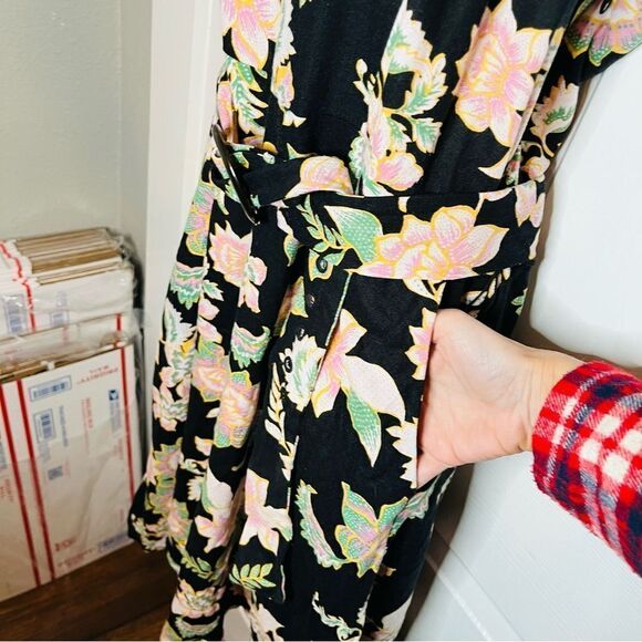 Love for Humanity Black Pink Floral Belted Flare Pinafore Midi Dress Black XXL - Picture 8 of 12
